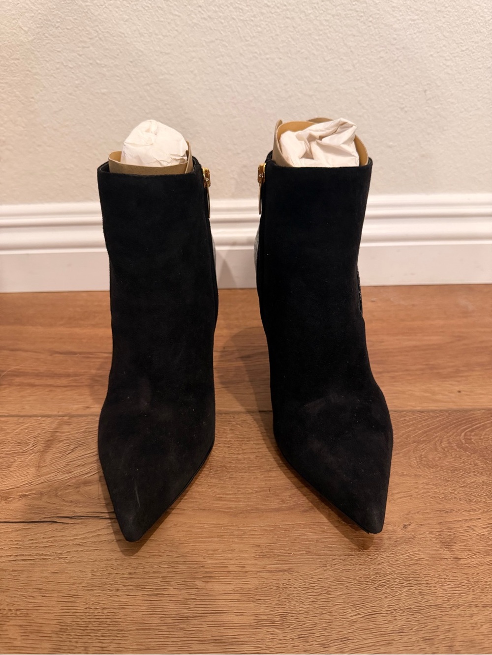 Sergio Rossi Black Suede Pointed Ankle Boots with Gold Zip